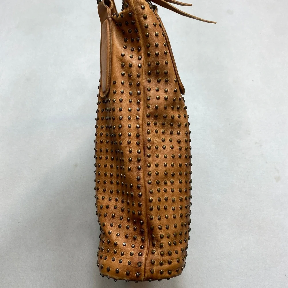 Platania Brown Leather Studded Double Handles Large Tote Shoulder Bag - Italy